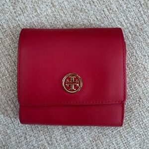 Tory Burch Bold Red Wallet with Gold Logo